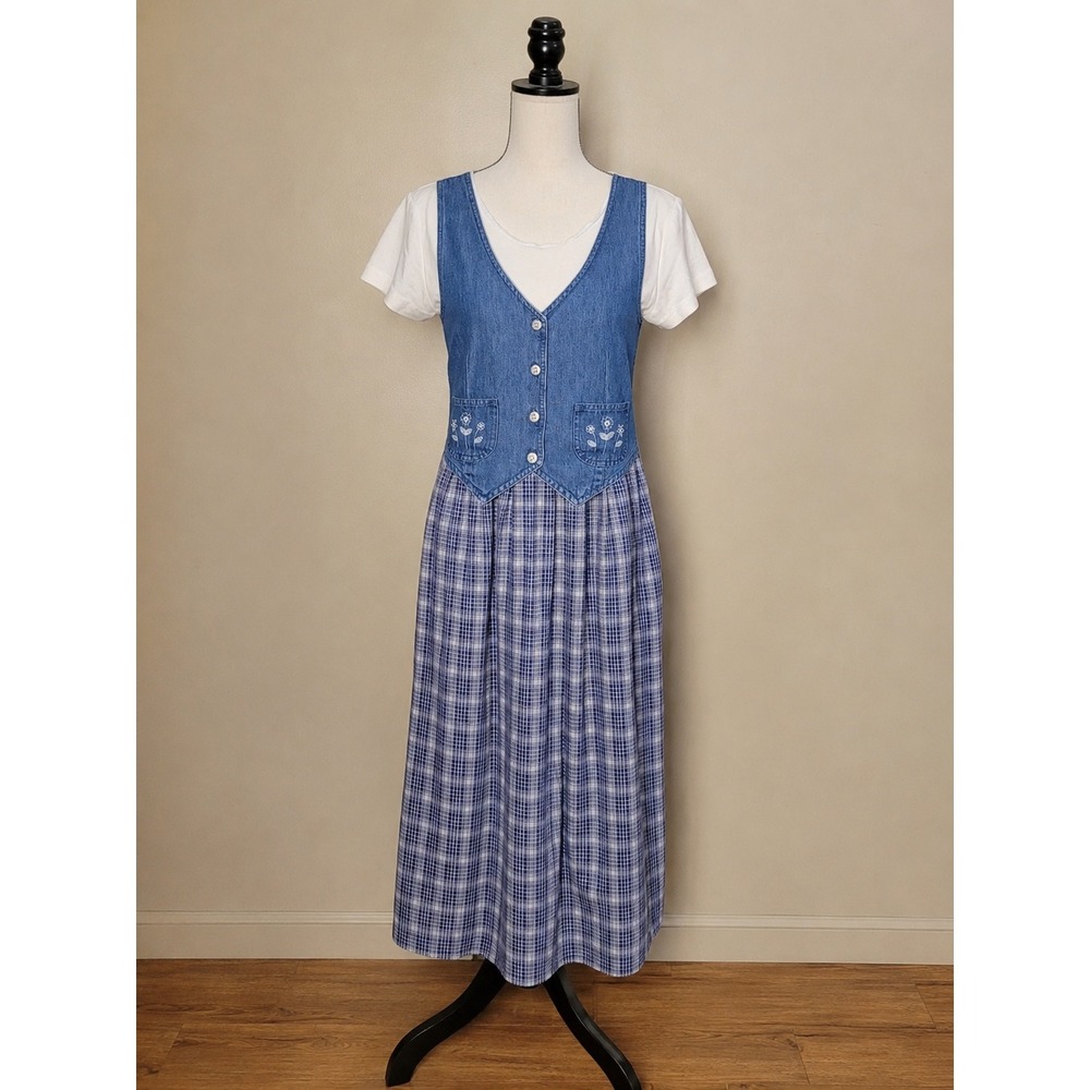 Vintage 90s True Blue Denim Plaid Maxi Dress L Floral Embroidered Cottagecore.